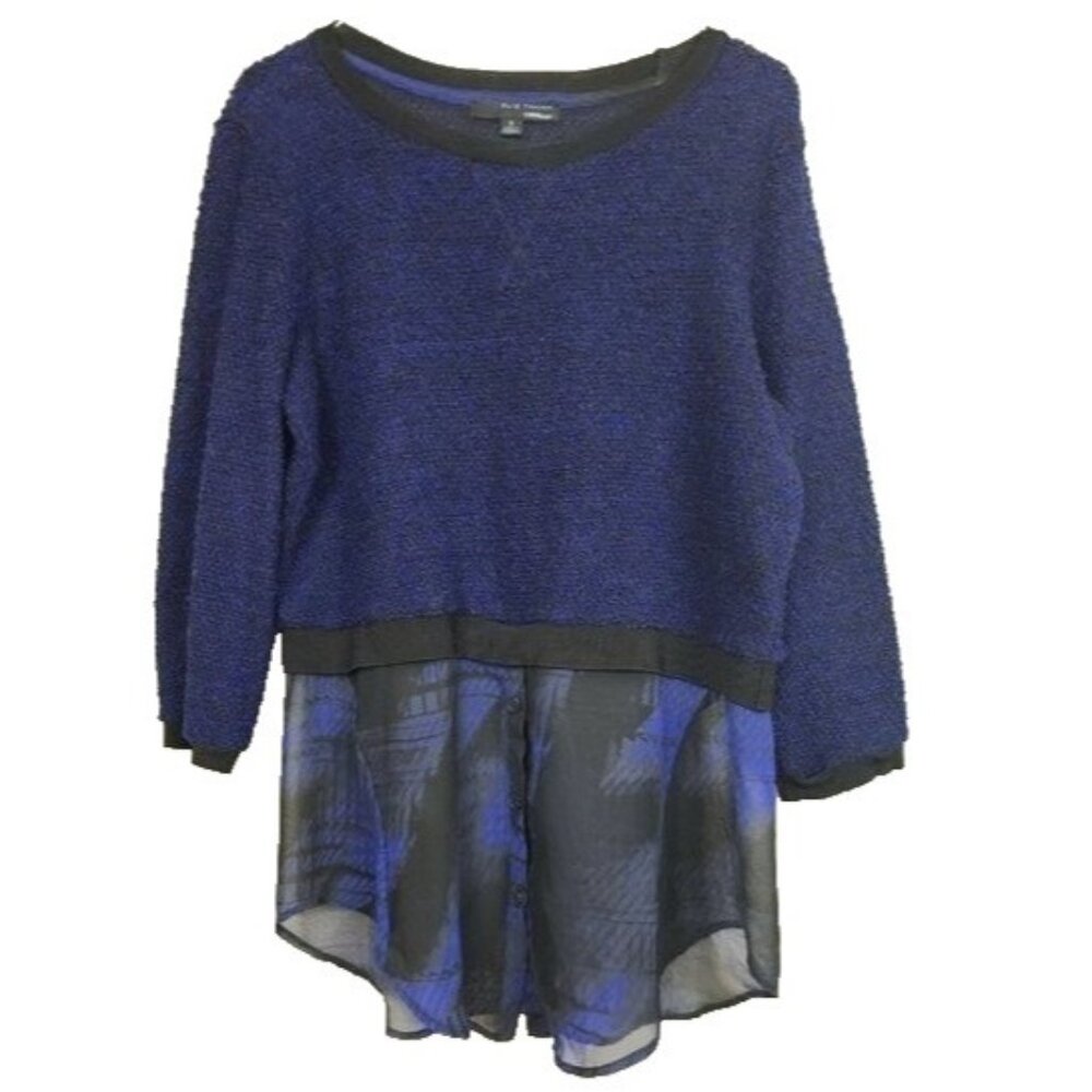 Elie Tahari Design Nation Womens Sweater Small Blue Black Chiffon Hem Pullover